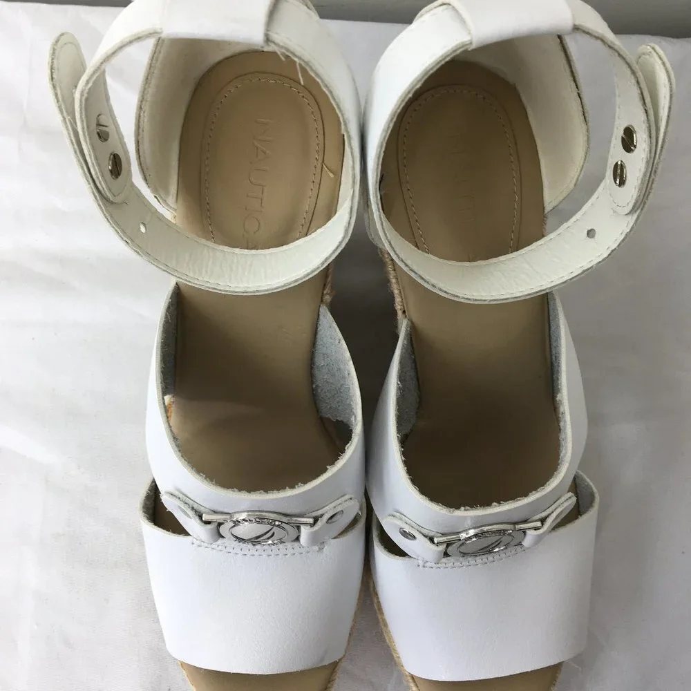 Nautica White Wedge Espadrille Open Toe Heel Sandal Size 8.5 GREAT Condition